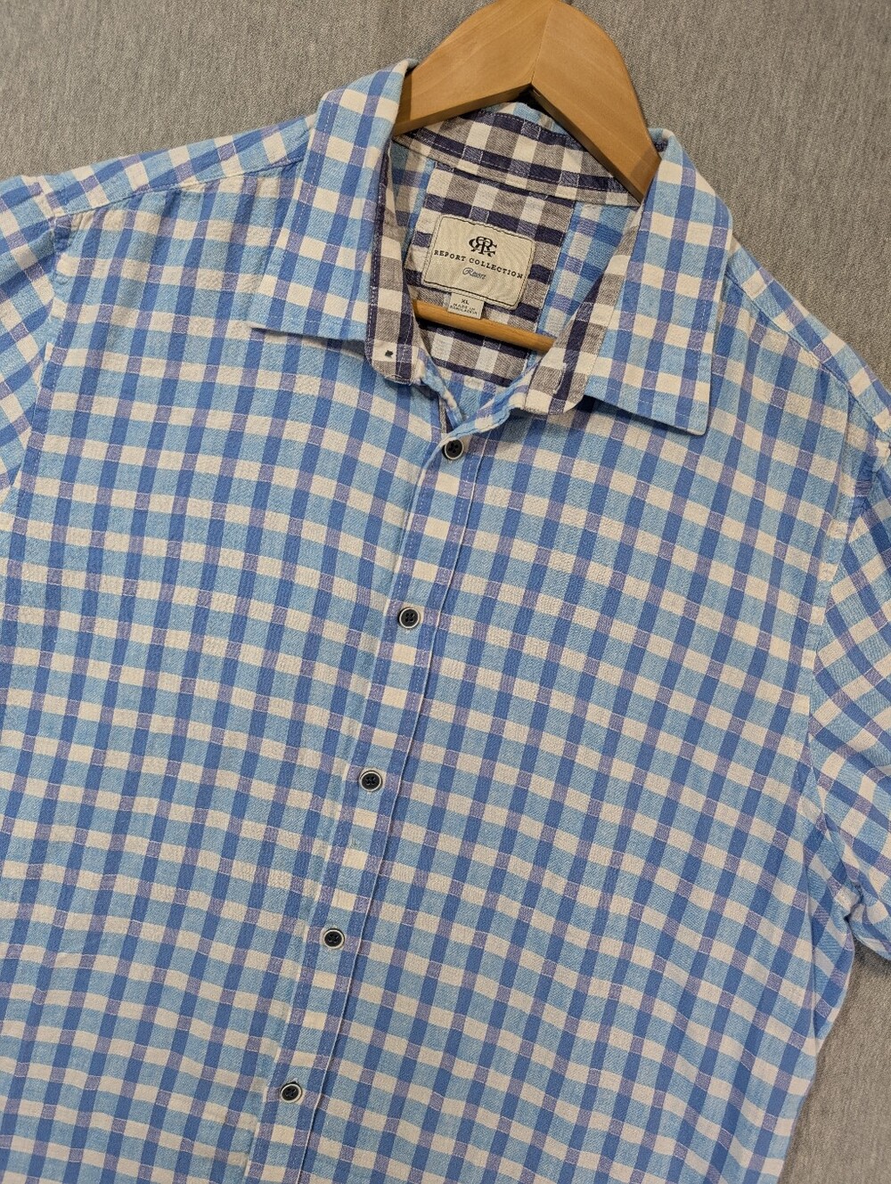 Report Collection Linen Blend Plaid Shirt Men's XL Blue White Short Sleeve